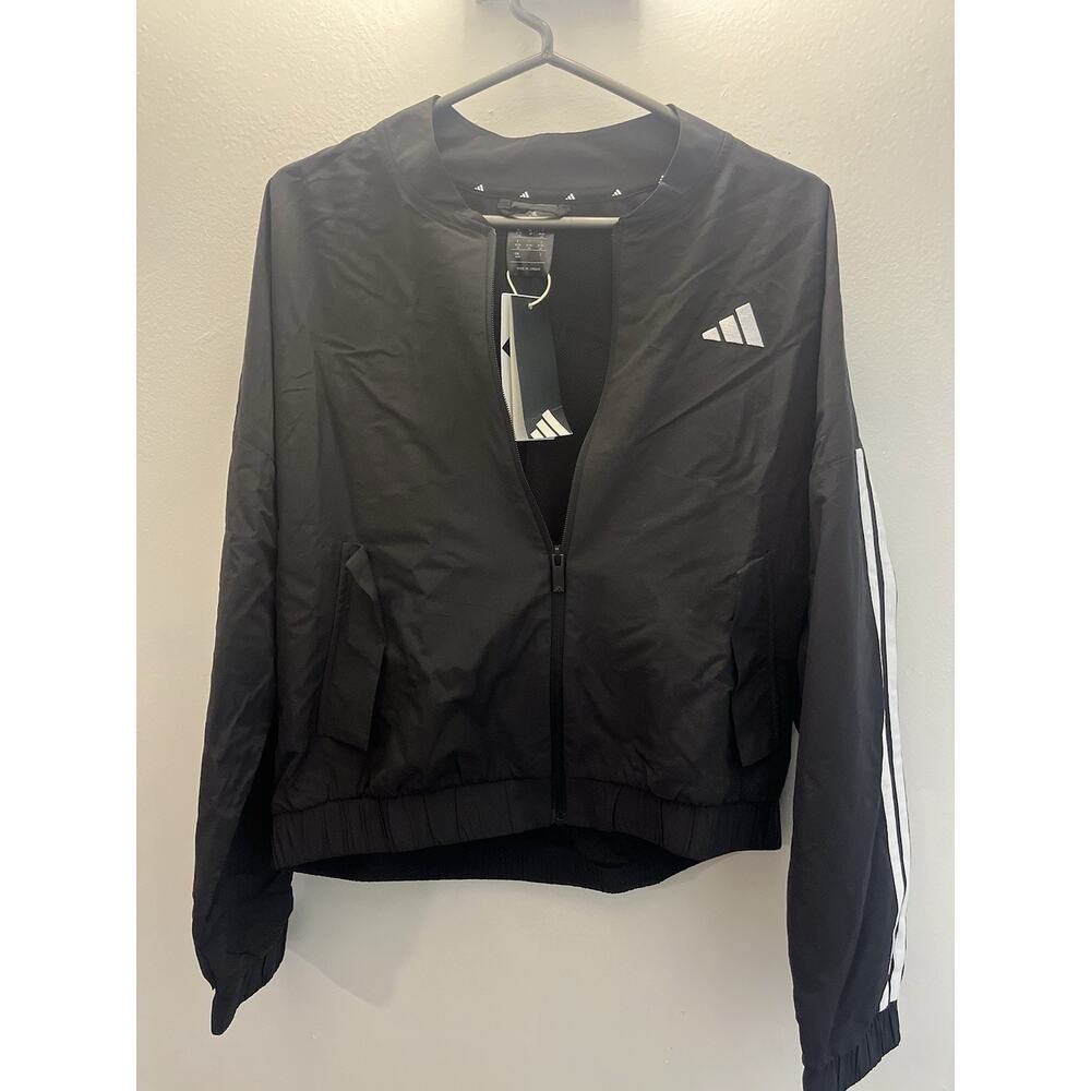 Adidas Women's 3-Stripes Track Jacket, Black Bomber, Front Zip Size Medium